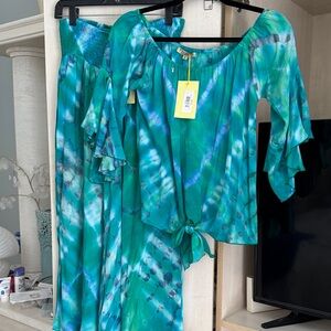 SET: 2 Pieces. Teal & Blue Tie-Dye Off-Shoulder Blouse w/Matching Flowing Pants.